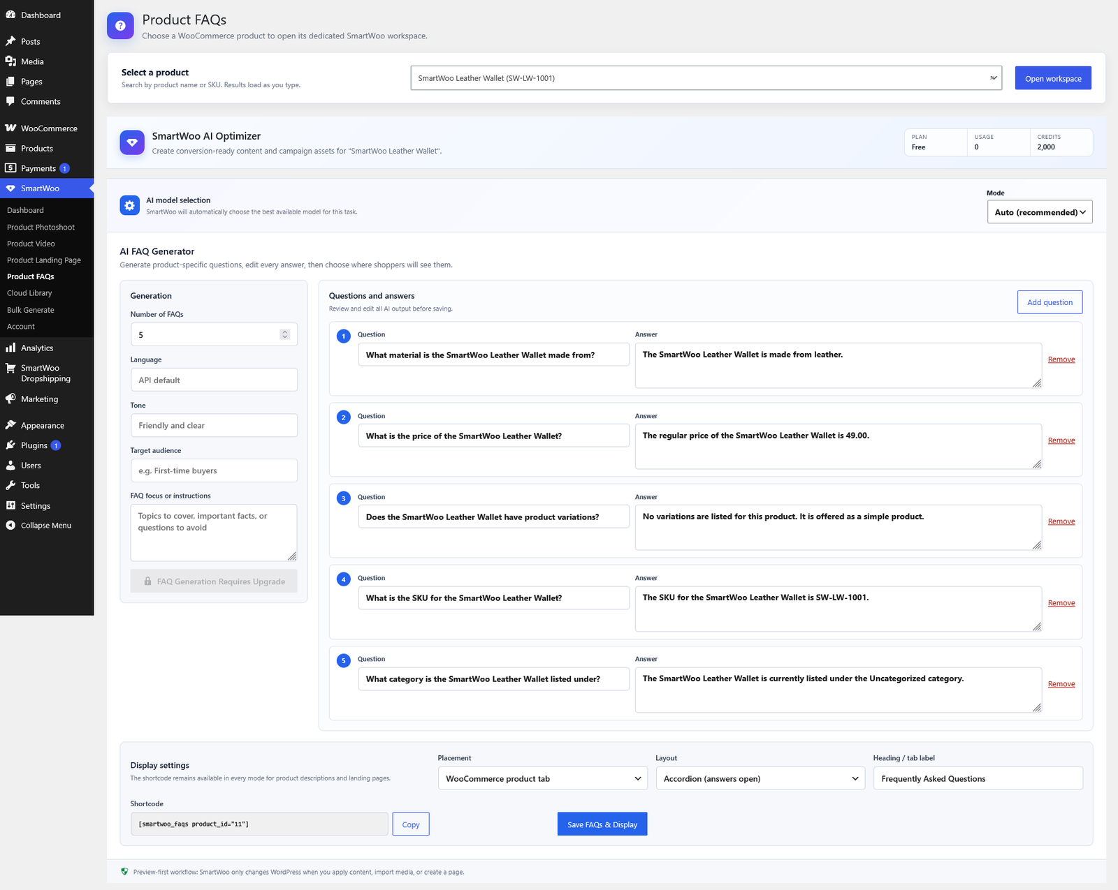 SmartWoo Product FAQs workspace
