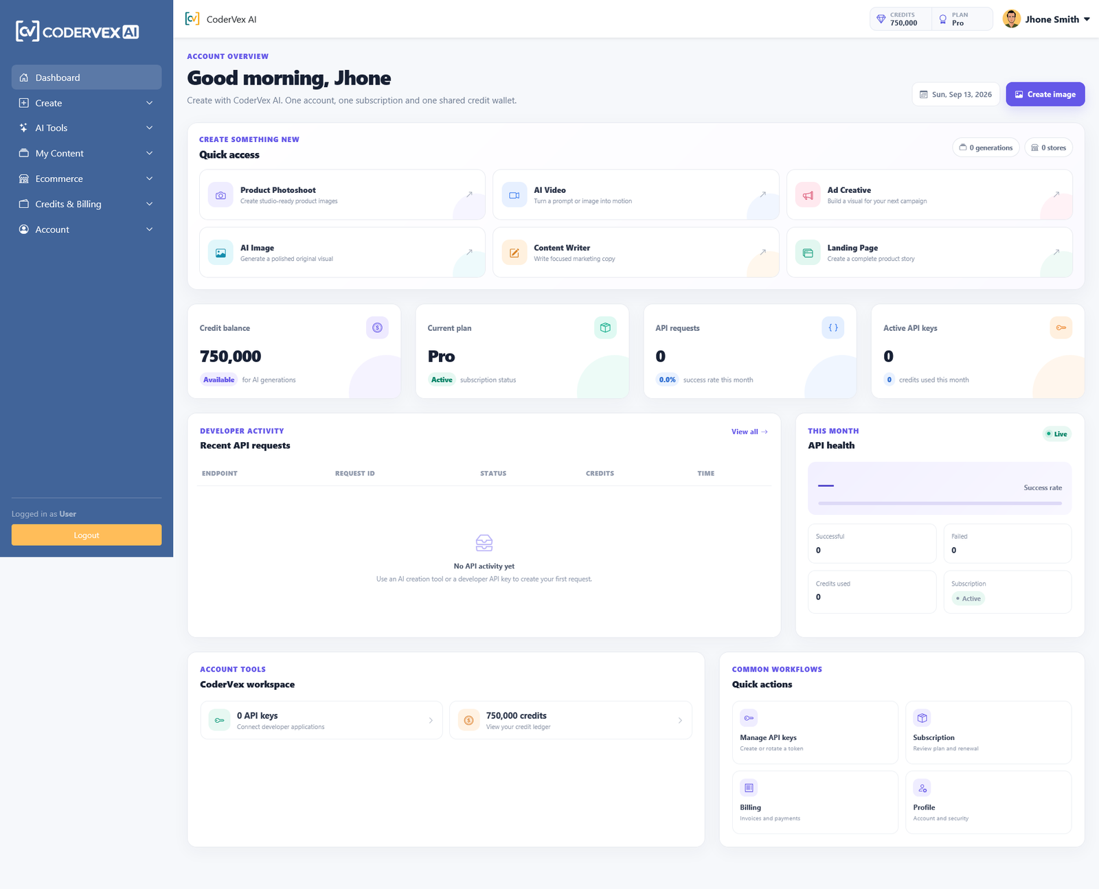 CoderVex AI account dashboard
