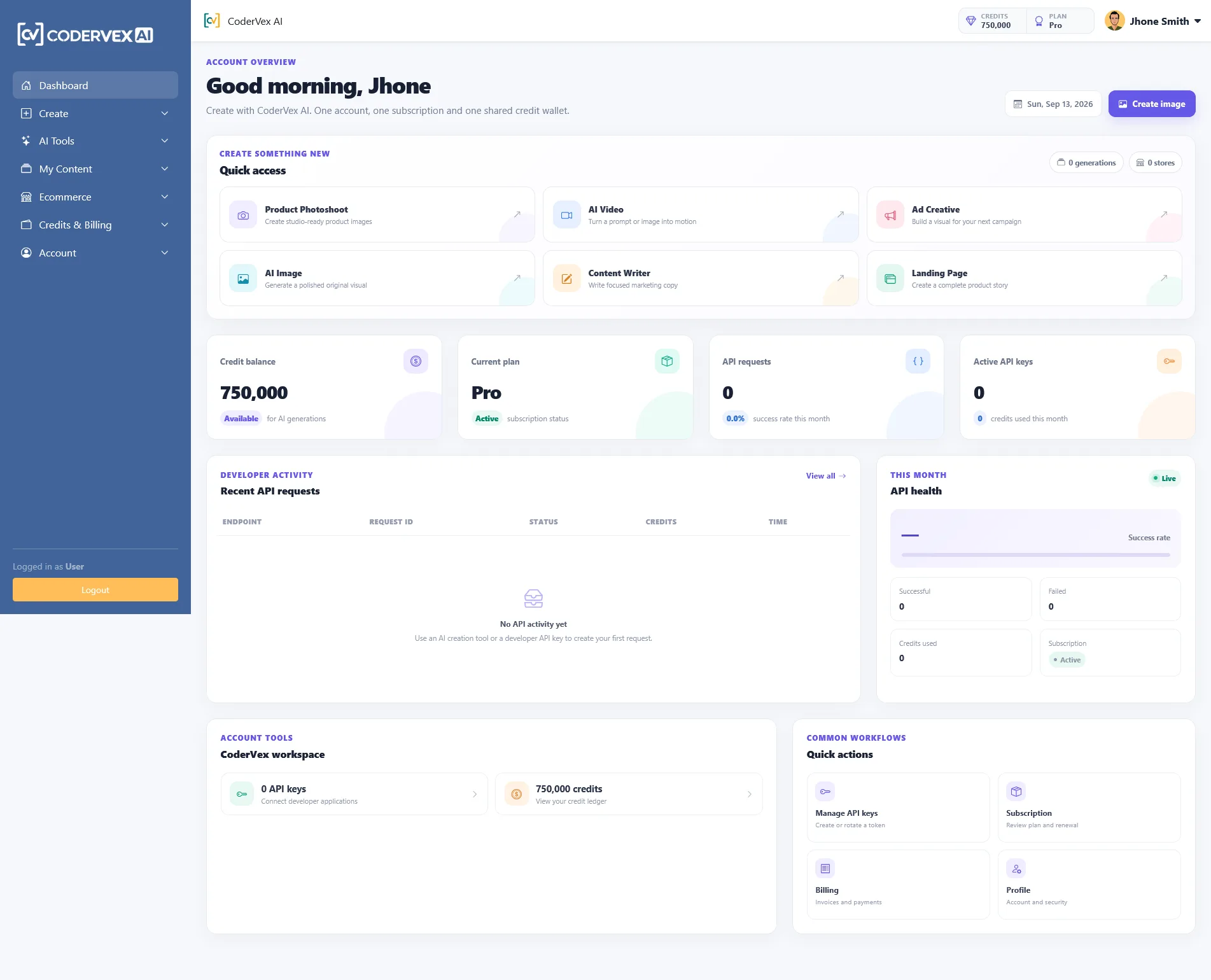 CoderVex AI account dashboard