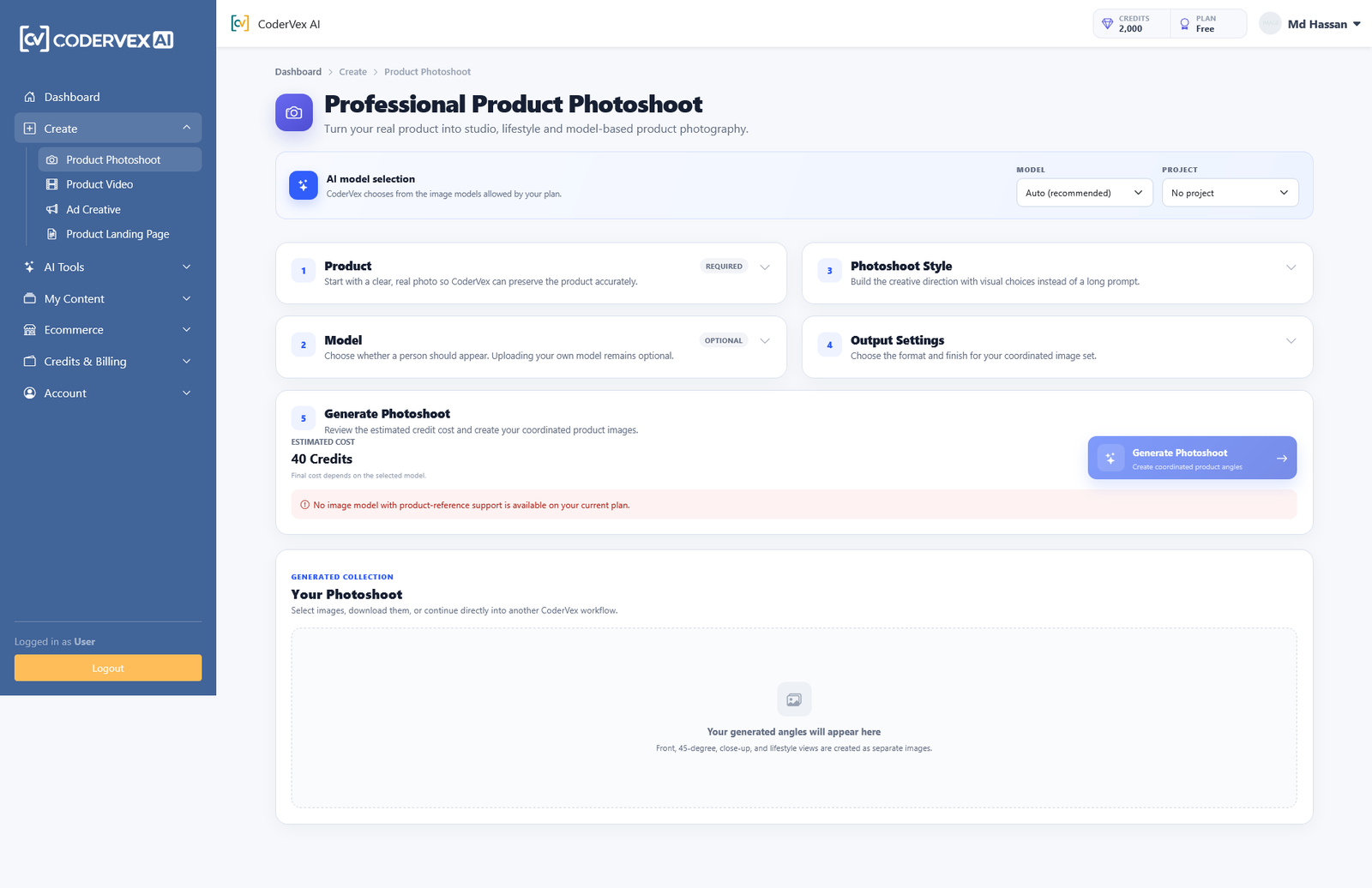 Product Photoshoot interface