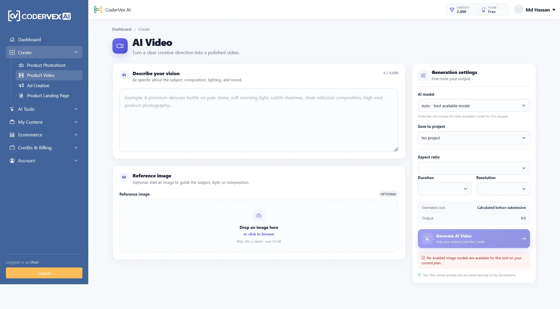 AI Video interface