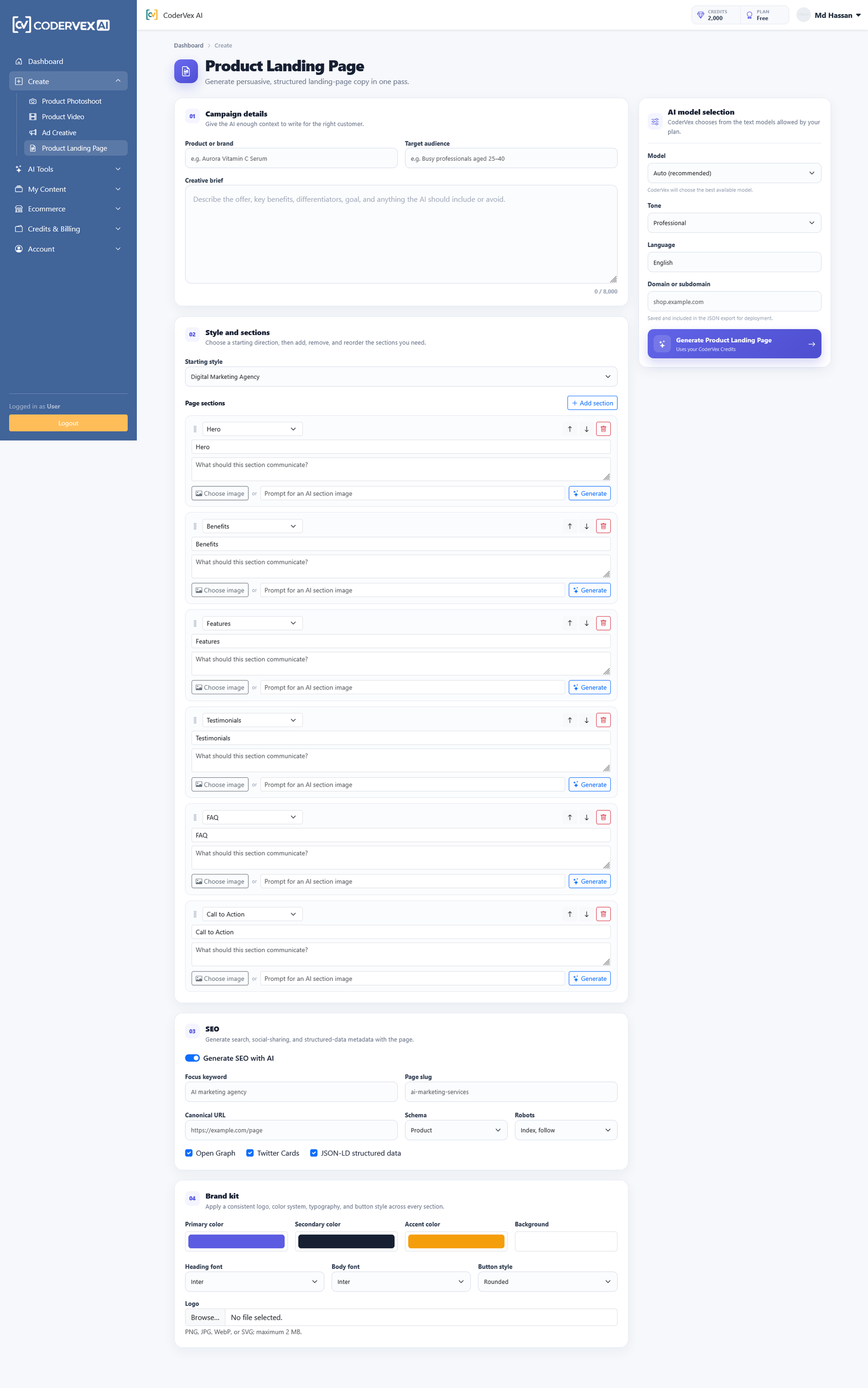Landing Pages interface