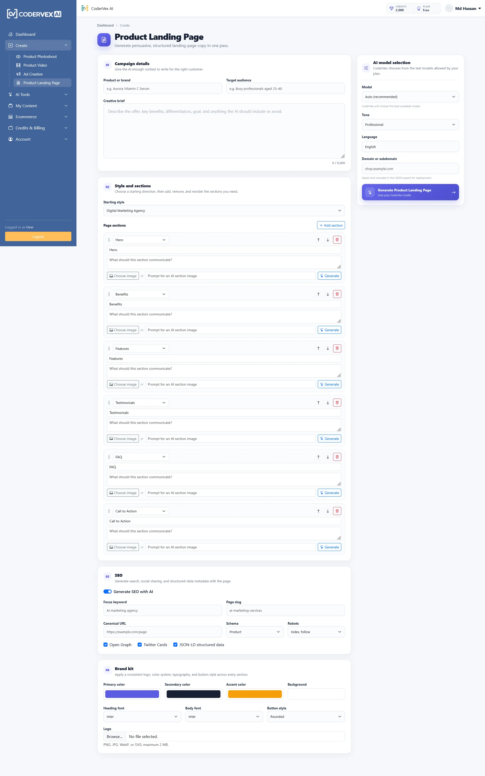 Landing Pages interface