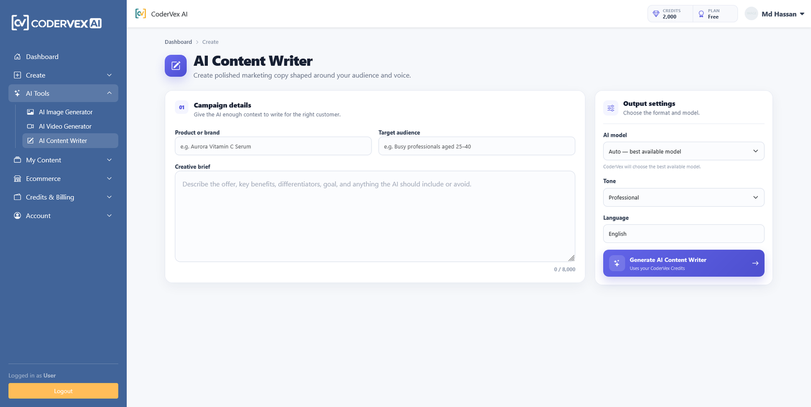 Content Writer interface