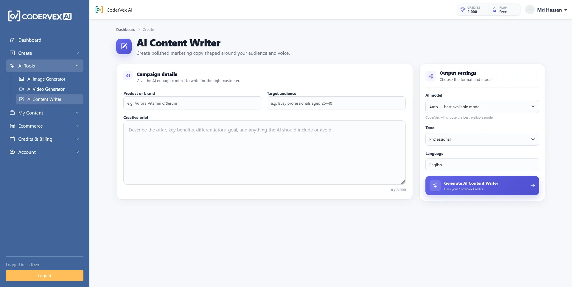 Content Writer interface
