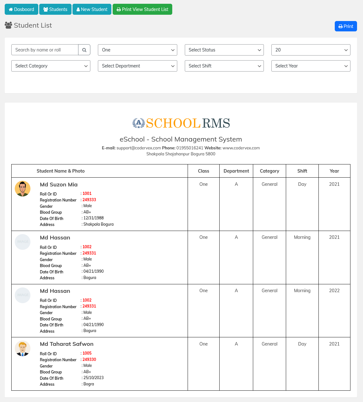 eSchool WP - school management system for WordPress Student Print List