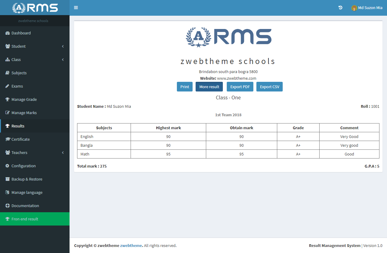 RMS result sheet